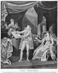 Cesarz i król Napoleon I (1769-1861) pokazuje cesarzowej-królowej Marii Luizy (1791-1847) artykuły z ukończonego właśnie Code Civil, 1804 r.